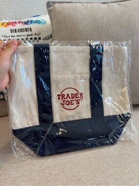 Trader Joe's Natural Canvas Tote with Navy Accents